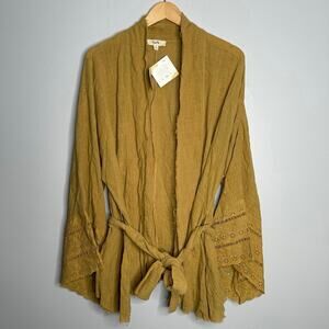 Kye Mi Women’s Mustard Cotton Tie Waist Bell Crochet Sleeved Cover Up Size M NWT